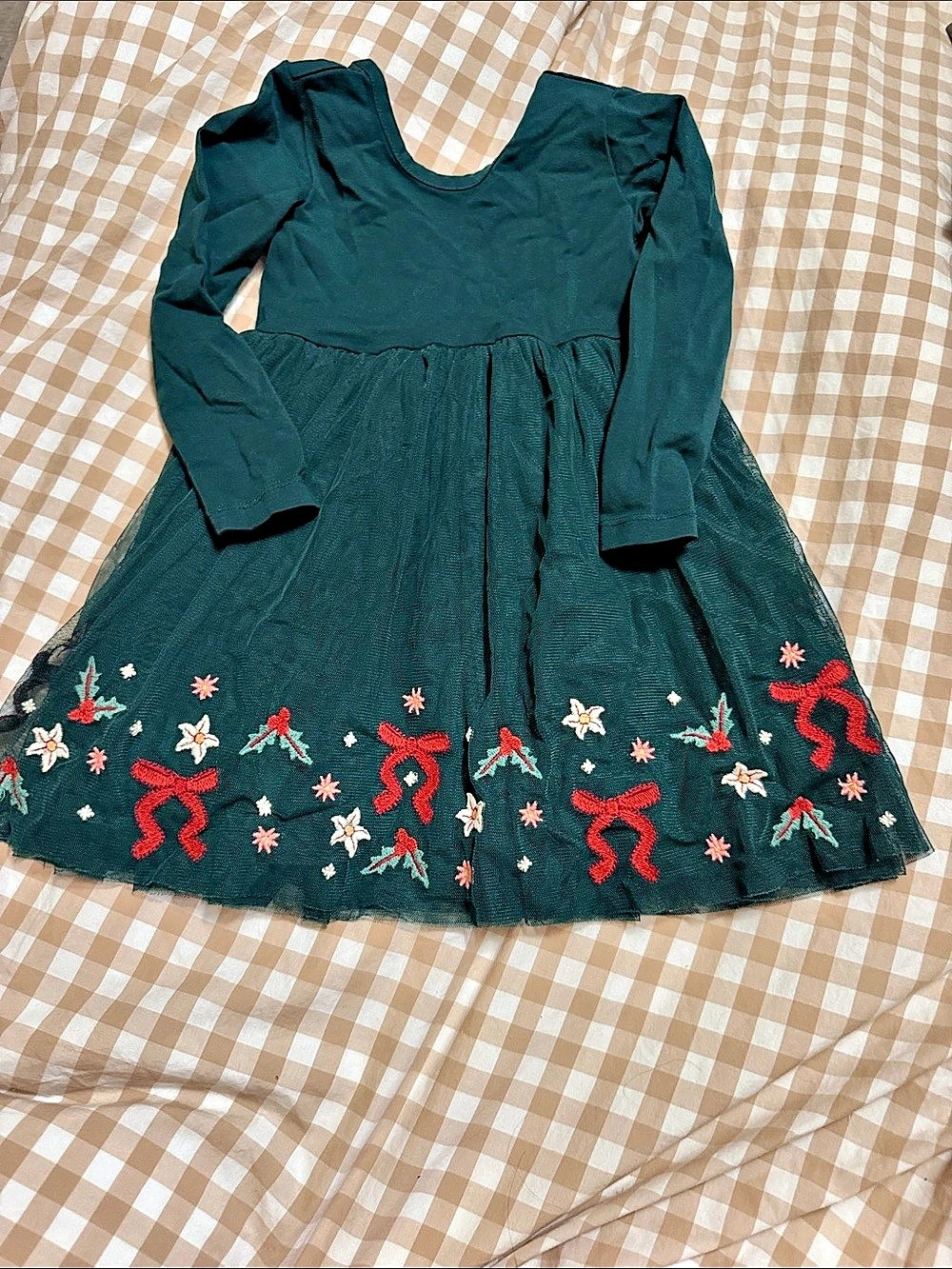 Hanna Andersson Long Sleeve Tulle Embroidered Dress Green & Red Girls 3T
